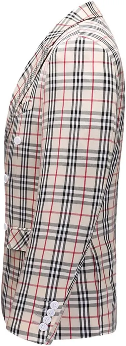 Men's Checked Blazer Peak Lapel Business Plaid Double Breasted Buttons Jacket
