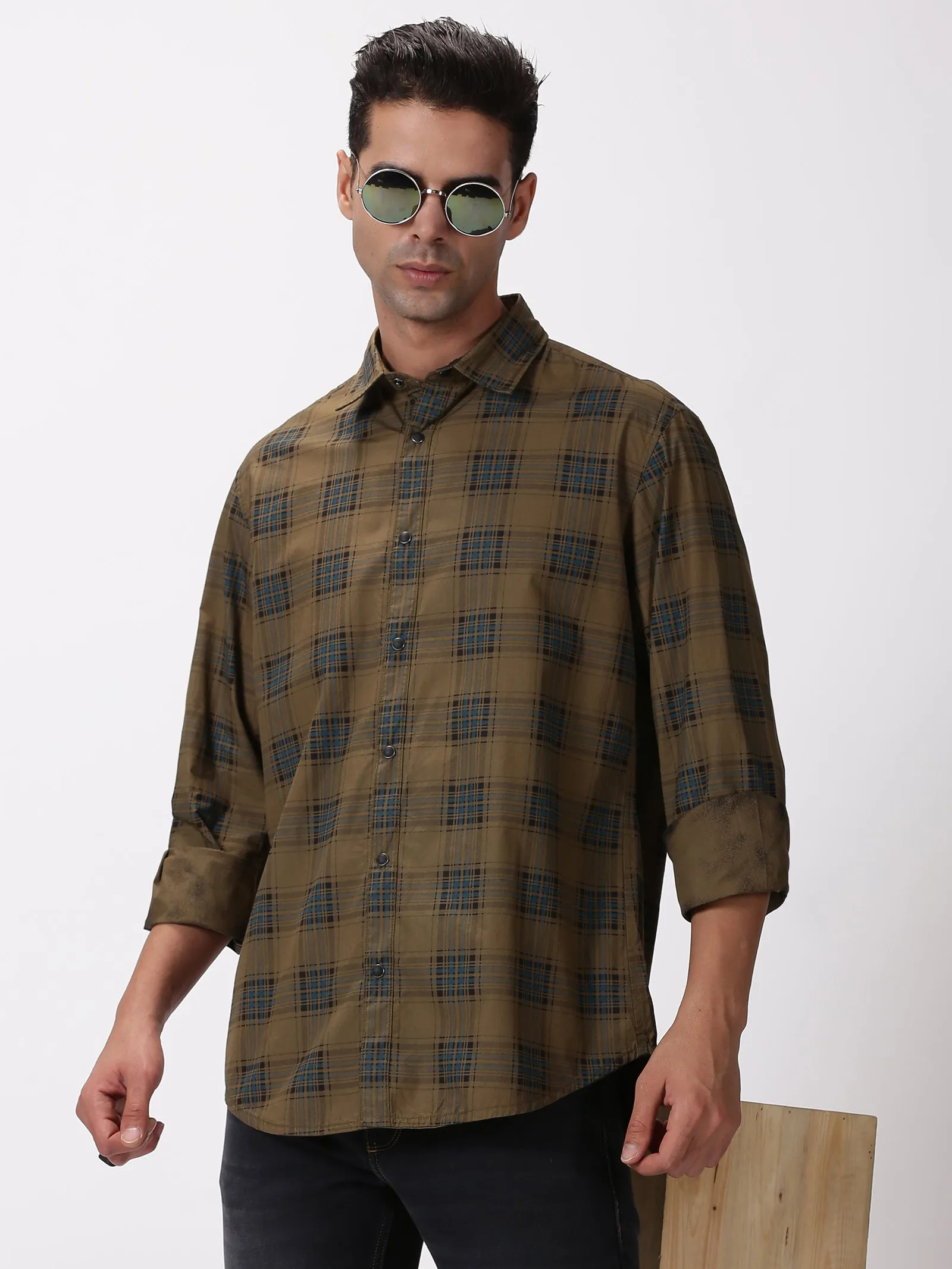 MEN'S GREEN CHECKS SLIM FIT SHIRT