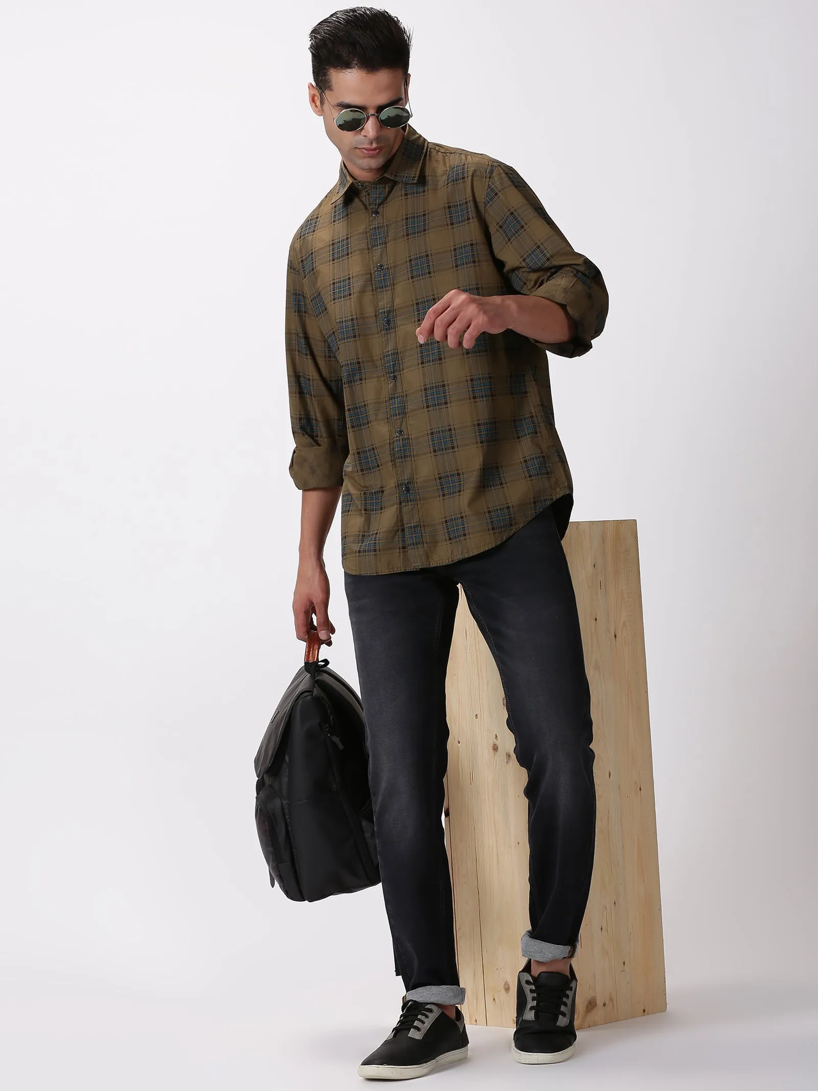MEN'S GREEN CHECKS SLIM FIT SHIRT