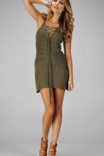Miilla Tank Crochet Dress With Tie and Wooden Tassel Belt in Olive Green