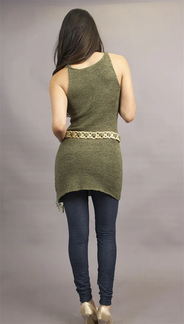 Miilla Tank Crochet Dress With Tie and Wooden Tassel Belt in Olive Green