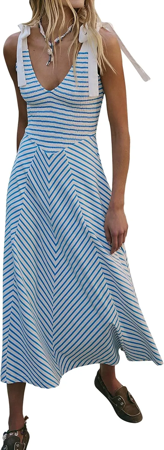 MISSACTIVER Striped Smocked Flowy Midi Dress for Women Summer Sleeveless V Neck Tie Straps Backless Beach Long Dresses