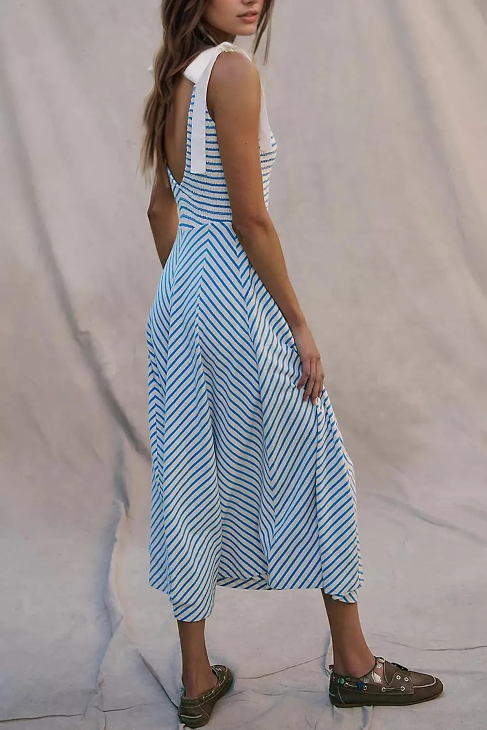 MISSACTIVER Striped Smocked Flowy Midi Dress for Women Summer Sleeveless V Neck Tie Straps Backless Beach Long Dresses