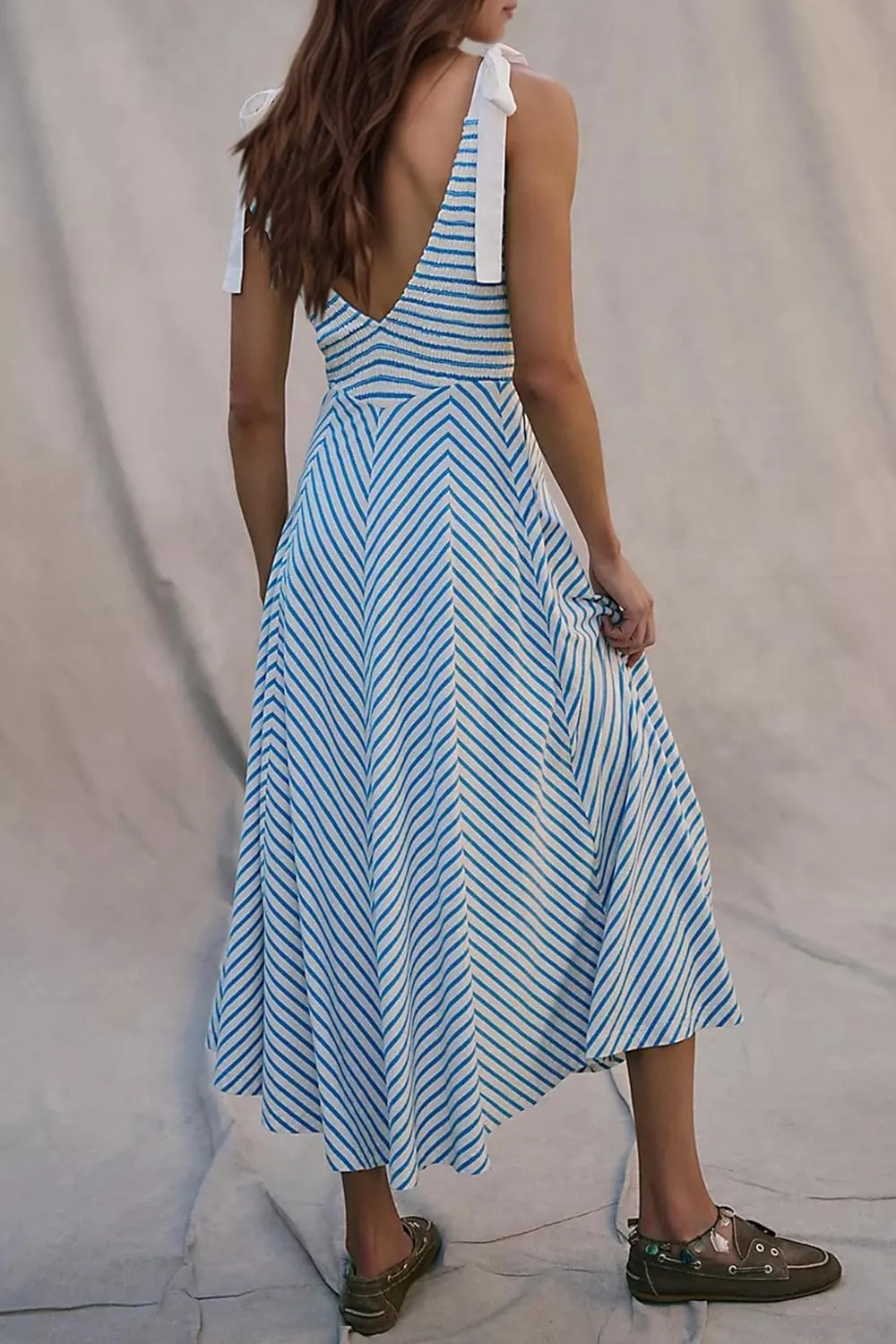 MISSACTIVER Striped Smocked Flowy Midi Dress for Women Summer Sleeveless V Neck Tie Straps Backless Beach Long Dresses