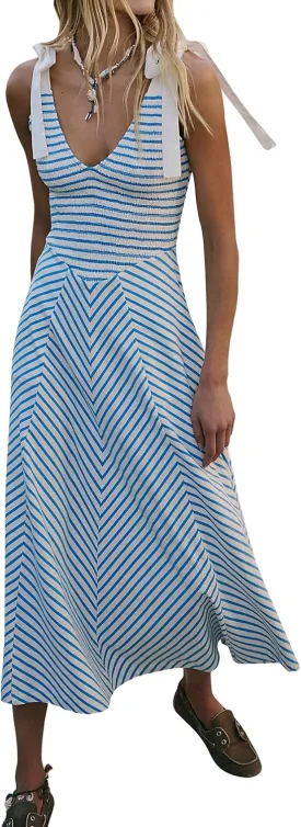 MISSACTIVER Striped Smocked Flowy Midi Dress for Women Summer Sleeveless V Neck Tie Straps Backless Beach Long Dresses