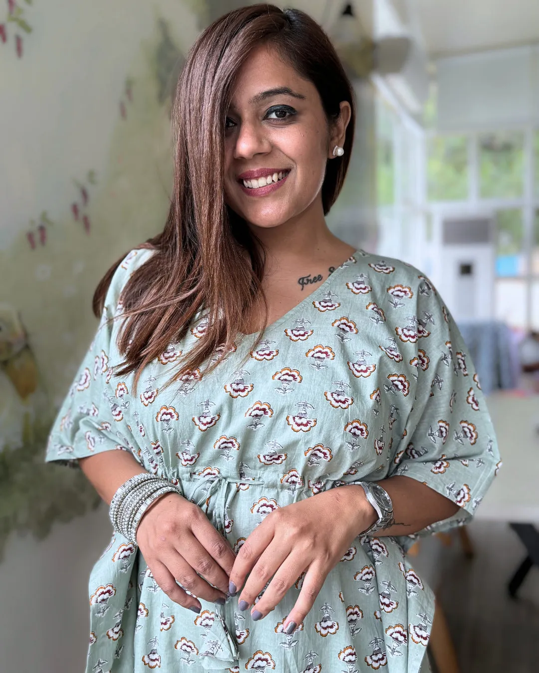 Moss Green Dabu Print Kaftan