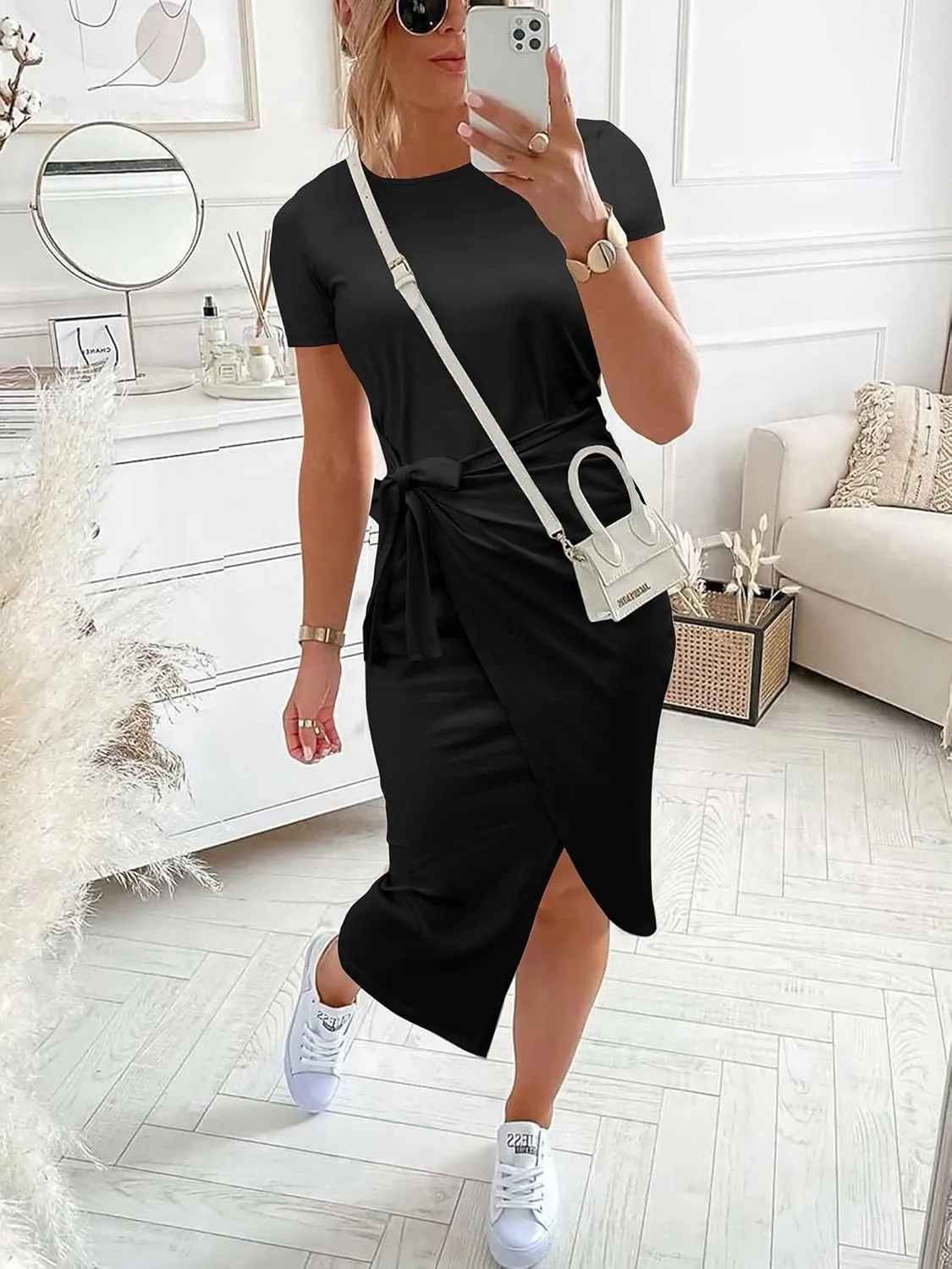 NOLLSOM Women Casual Sleeveless Striped Tank Midi Dresses Halter Neck Ruched Bodycon Dresses Tie Waist T Shirt Summer Dress