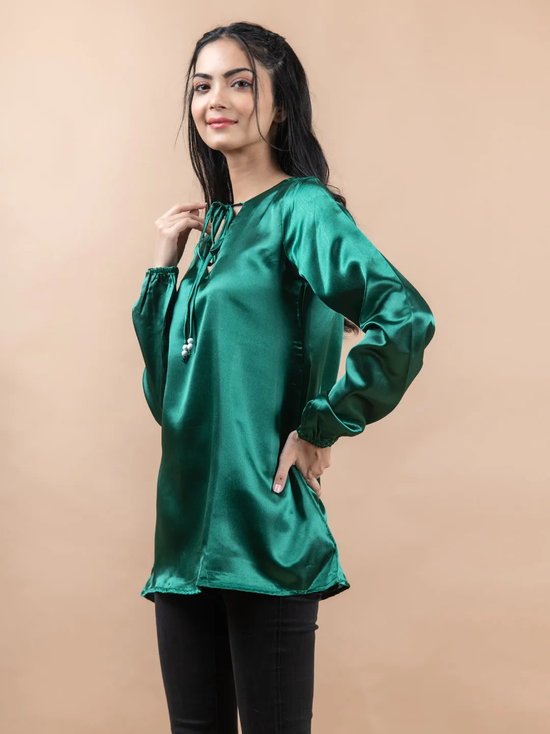 Olive Green Satin Full Sleeves Top