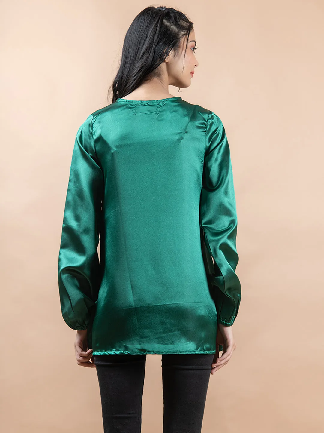 Olive Green Satin Full Sleeves Top