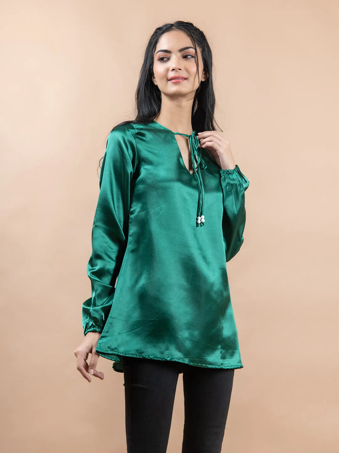 Olive Green Satin Full Sleeves Top