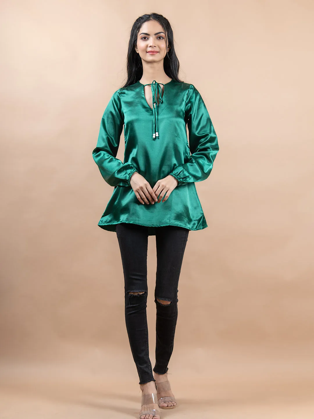 Olive Green Satin Full Sleeves Top