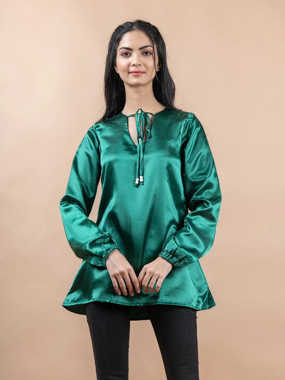 Olive Green Satin Full Sleeves Top