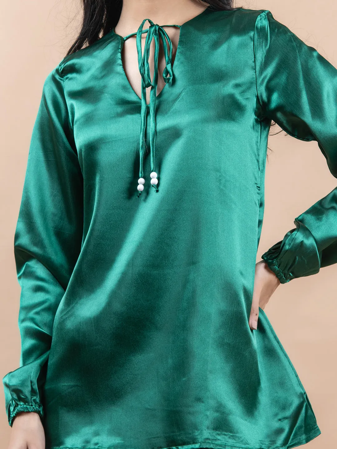 Olive Green Satin Full Sleeves Top