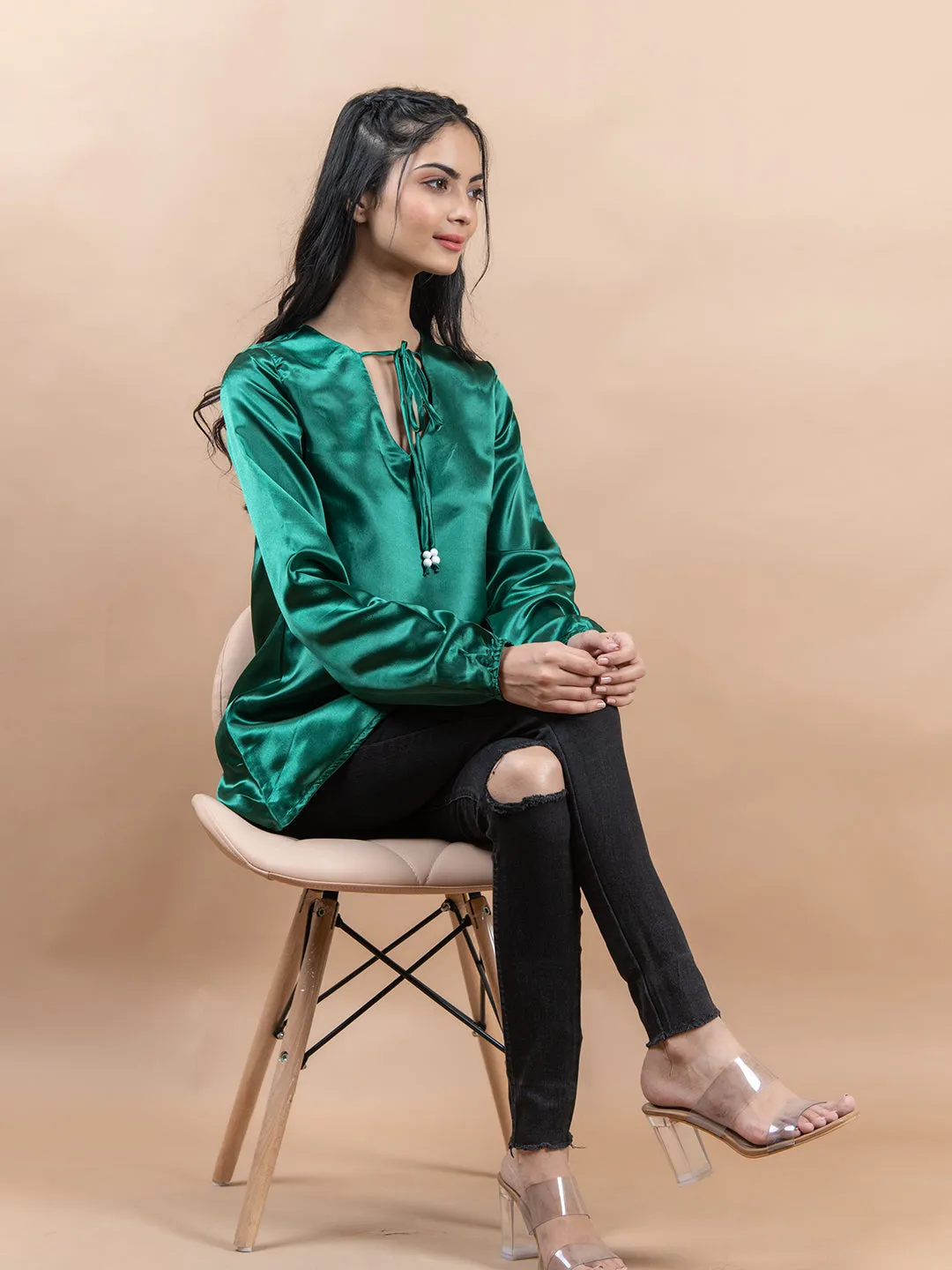 Olive Green Satin Full Sleeves Top