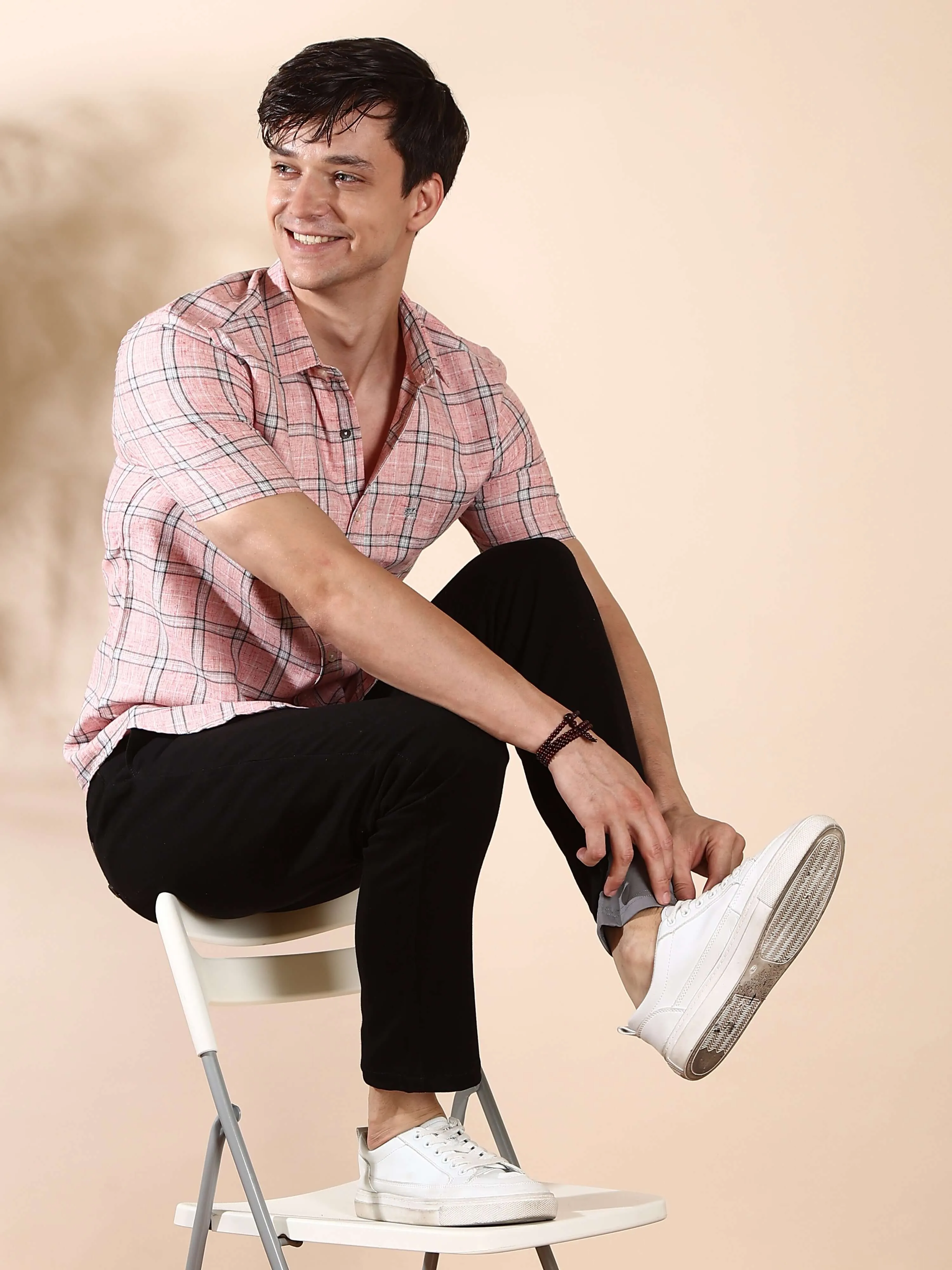Pink casual check half sleeves shirt