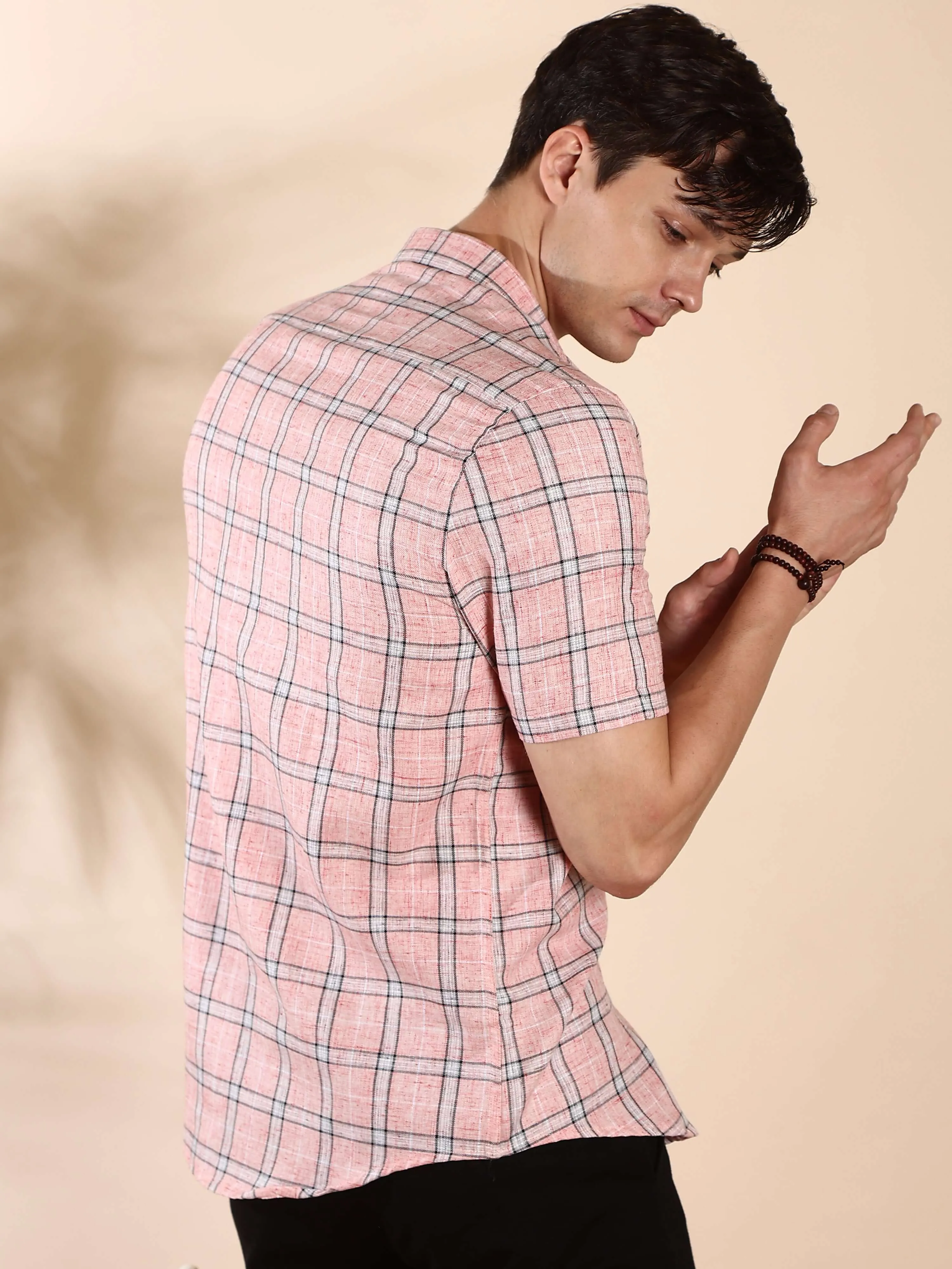Pink casual check half sleeves shirt