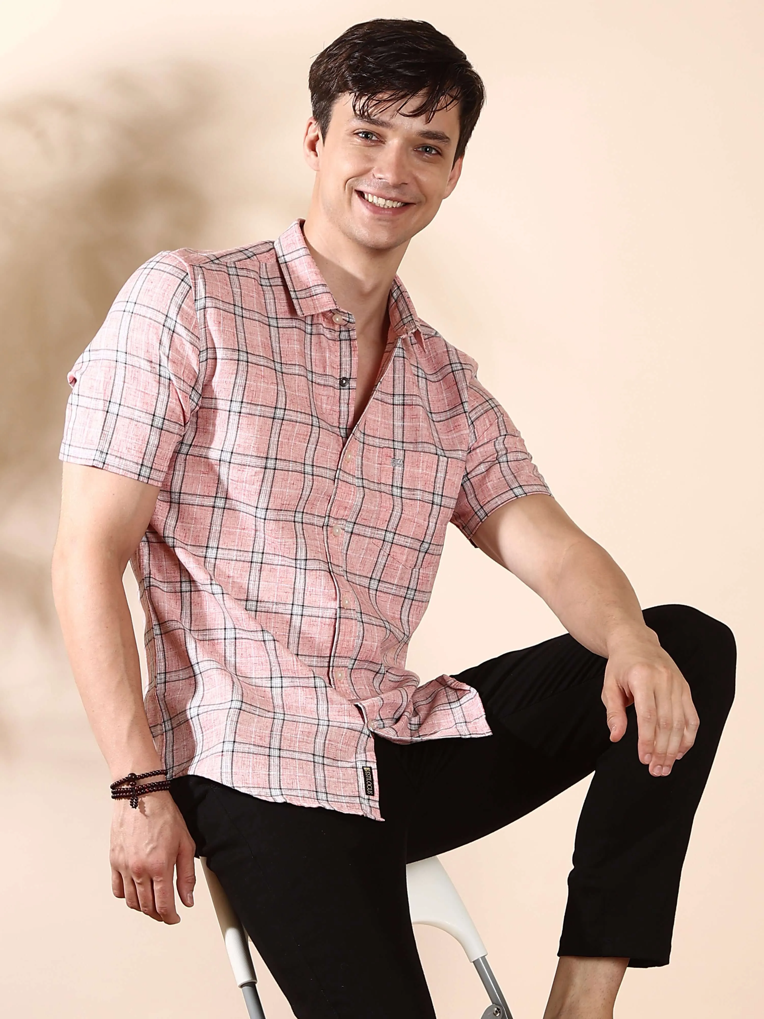 Pink casual check half sleeves shirt