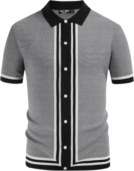PJ PAUL JONES Men's Vintage Stripe Knit Polo Shirts Short Sleeve Stylish Button Down Cardigan Sweater