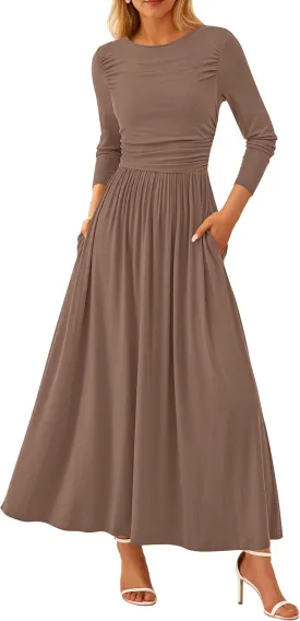 PRETTYGARDEN Women's 2025 Spring Casual Long Sleeve Maxi Dresses Crewneck Ruched A Line Flowy Elegant Modest Going Out Dress