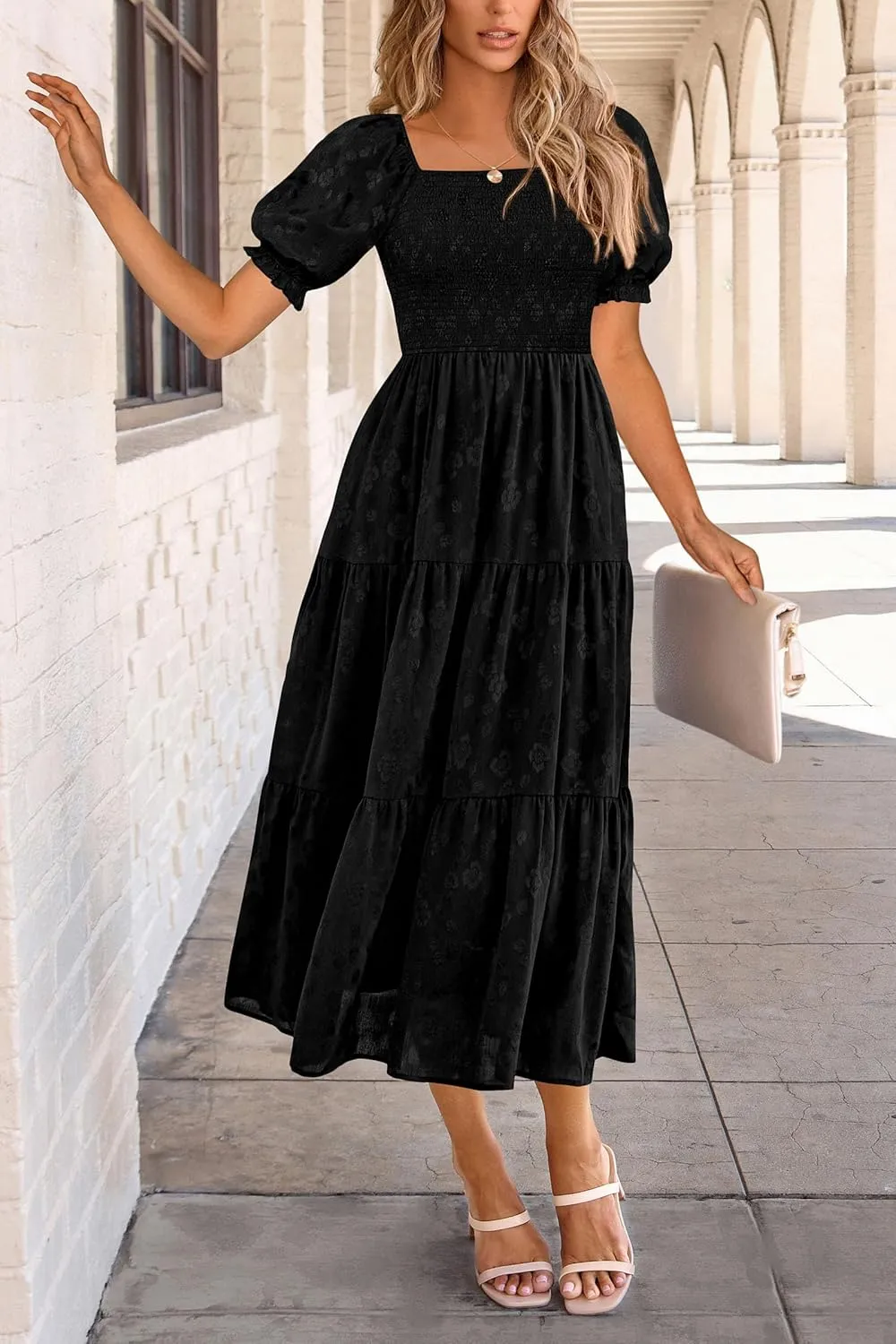 PRETTYGARDEN Women's 2025 Summer Casual Midi Dresses Square Neck Short Sleeve Smocked A Line Floral Flowy Elegant Boho Dress
