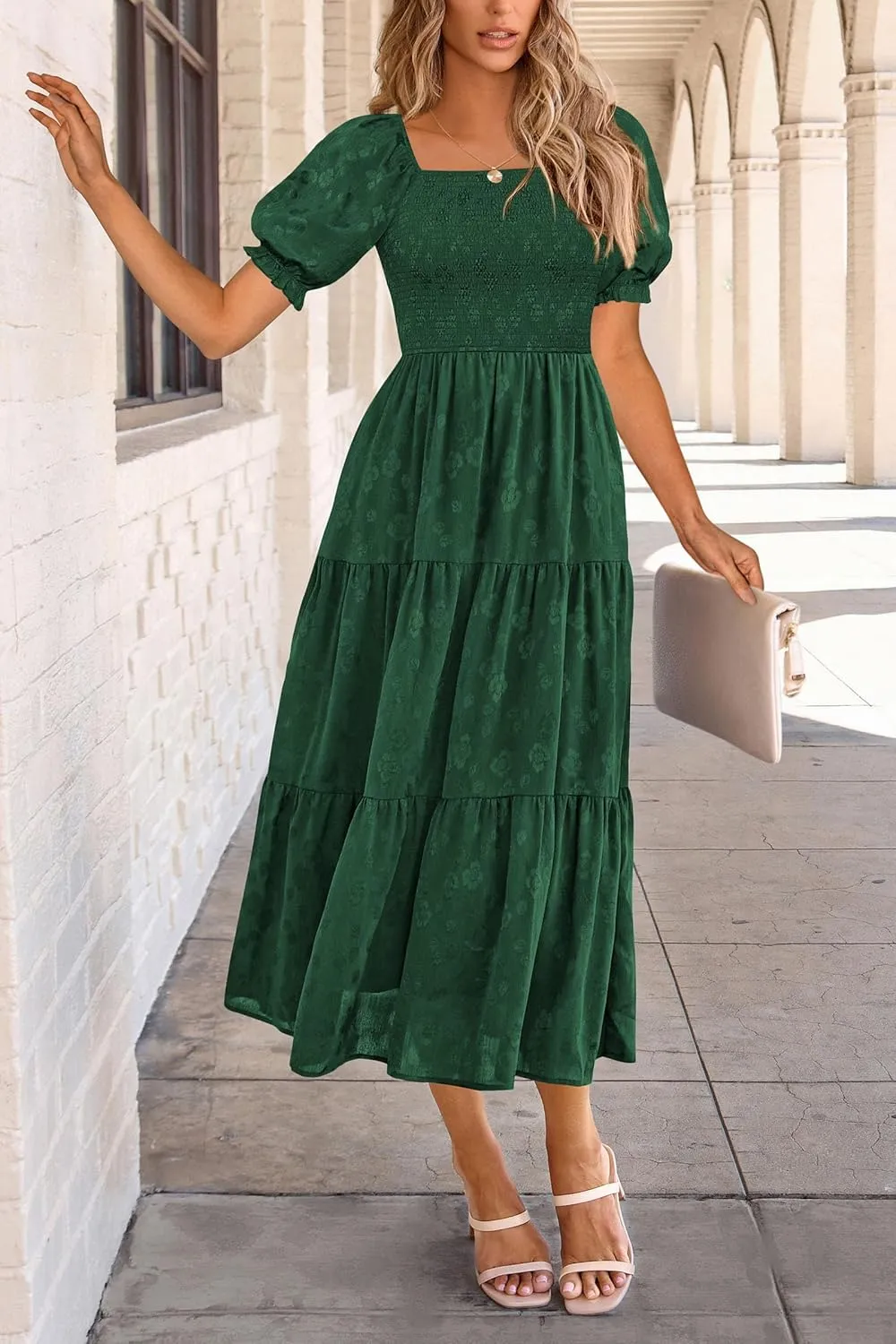 PRETTYGARDEN Women's 2025 Summer Casual Midi Dresses Square Neck Short Sleeve Smocked A Line Floral Flowy Elegant Boho Dress