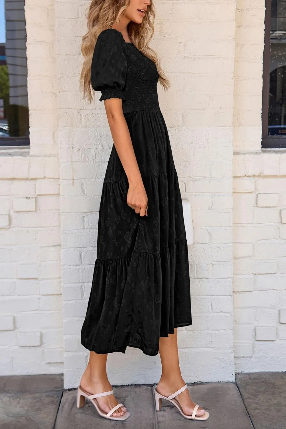 PRETTYGARDEN Women's 2025 Summer Casual Midi Dresses Square Neck Short Sleeve Smocked A Line Floral Flowy Elegant Boho Dress