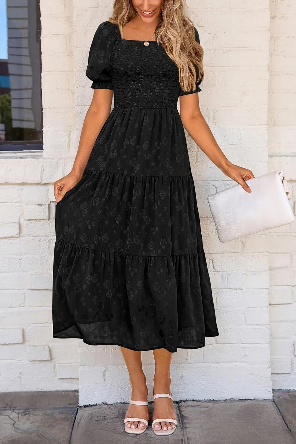PRETTYGARDEN Women's 2025 Summer Casual Midi Dresses Square Neck Short Sleeve Smocked A Line Floral Flowy Elegant Boho Dress