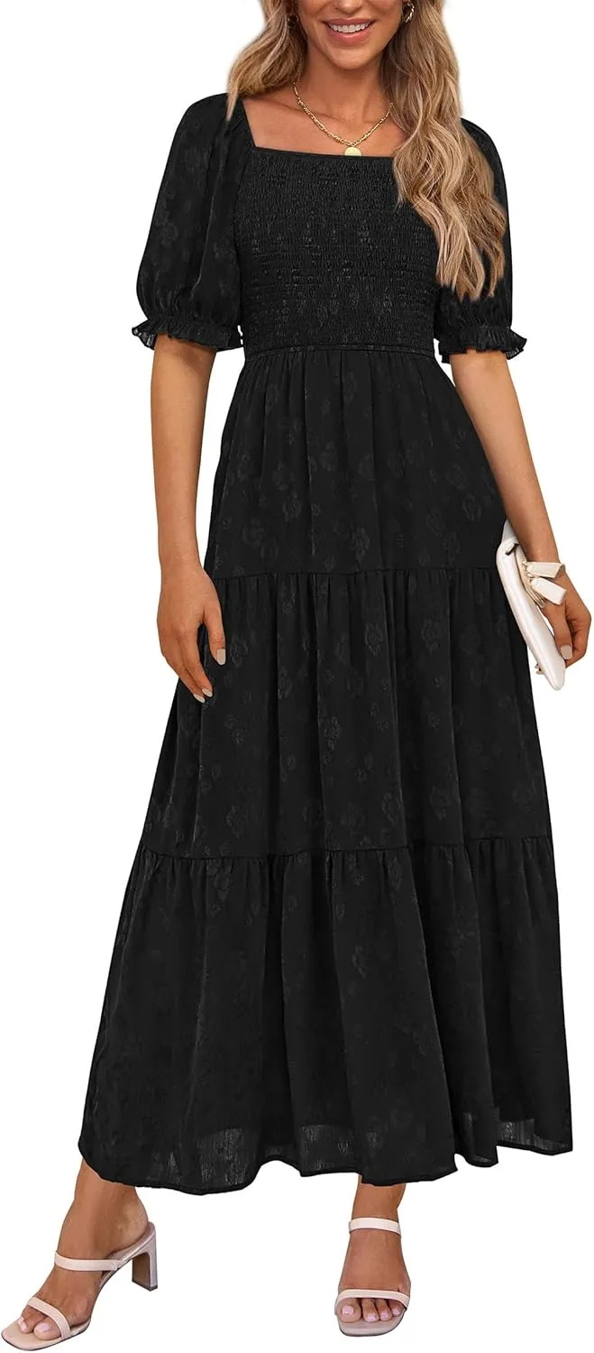 PRETTYGARDEN Women's 2025 Summer Casual Midi Dresses Square Neck Short Sleeve Smocked A Line Floral Flowy Elegant Boho Dress