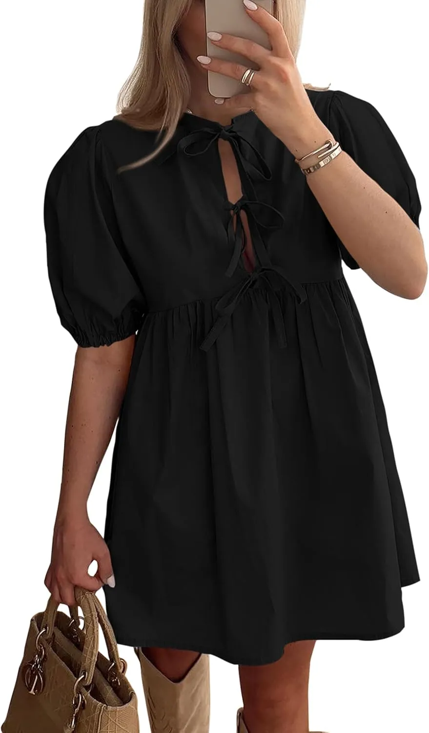 PRETTYGARDEN Womens 2025 Summer Casual Short Sleeve Dresses A Line Bow Tie Front Babydoll Loose Cute Mini Dress with Pockets