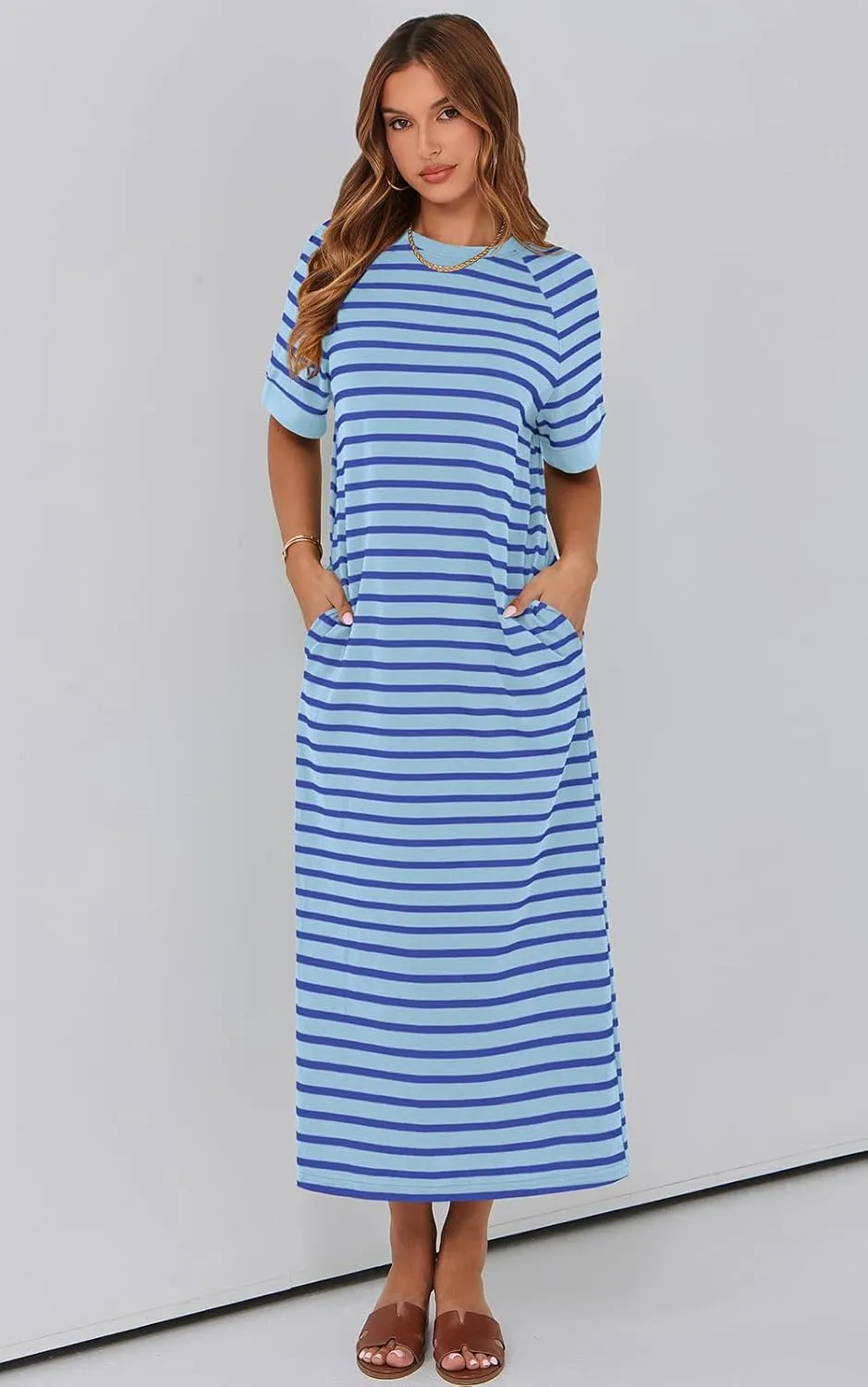 PRETTYGARDEN Women's Summer Casual T Shirt Dresses Short Sleeve Striped Slit Maxi Dress Color Block Long Dress with Pocket