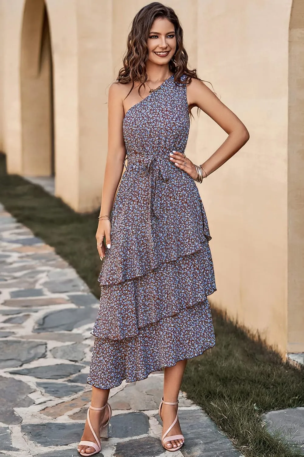 PRETTYGARDEN Women's Summer Floral Sundress Casual One Shoulder Tiered Ruffle Flowy Midi Beach Boho Dresses