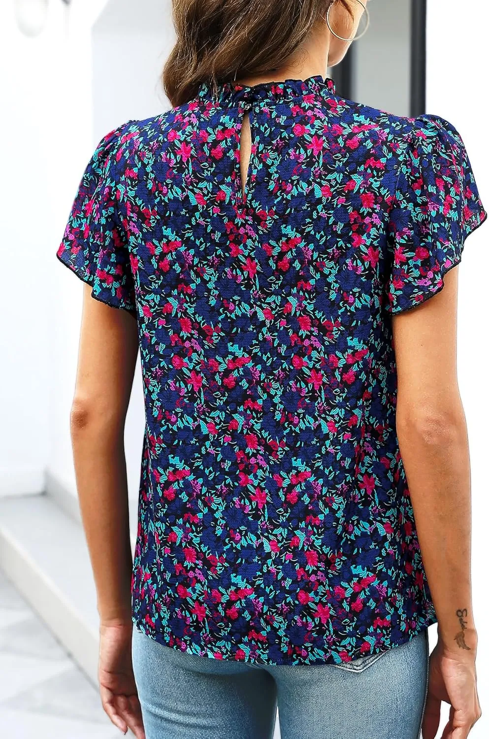 SimpleFun Women Boho Shirts Floral Ruffle Short Sleeve Mock Neck Flowy Casual Summer Blouses Tops