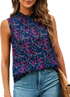 SimpleFun Womens Tank Tops Ruffle High Neck Pleated Summer Blouses Floral Sleeveless Shirt