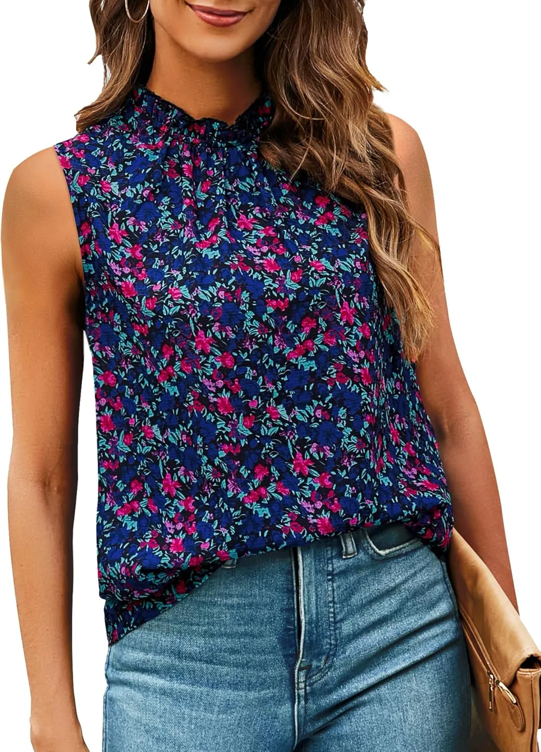 SimpleFun Womens Tank Tops Ruffle High Neck Pleated Summer Blouses Floral Sleeveless Shirt