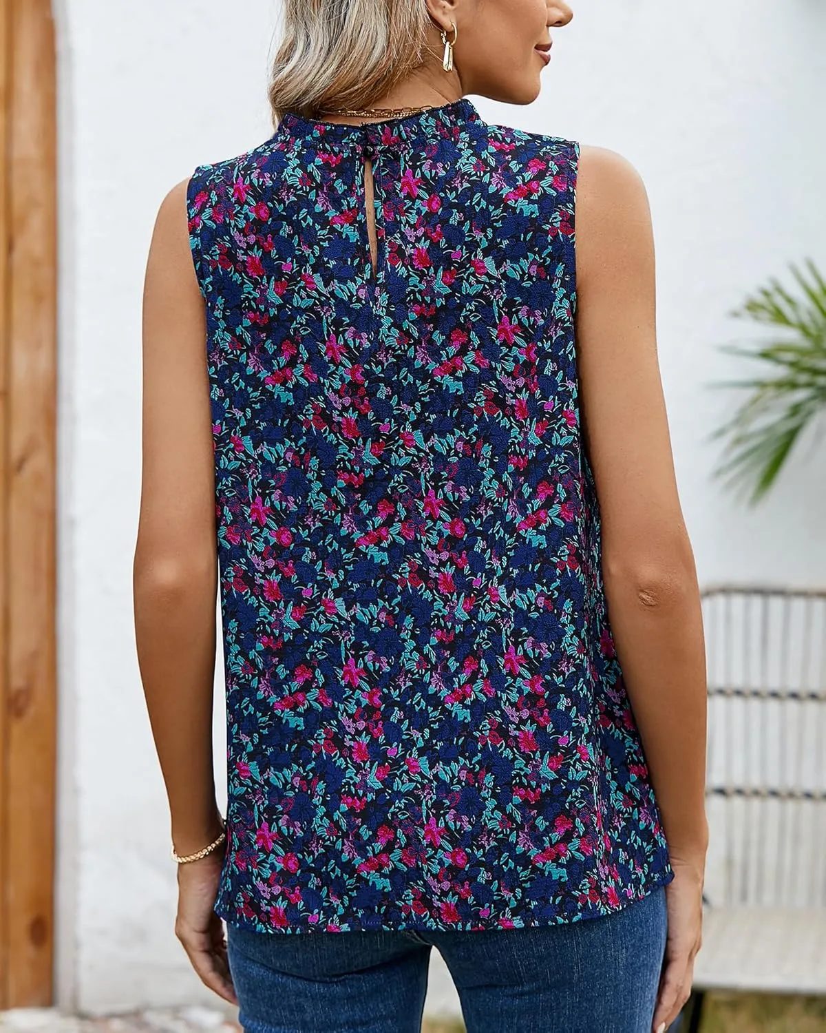 SimpleFun Womens Tank Tops Ruffle High Neck Pleated Summer Blouses Floral Sleeveless Shirt