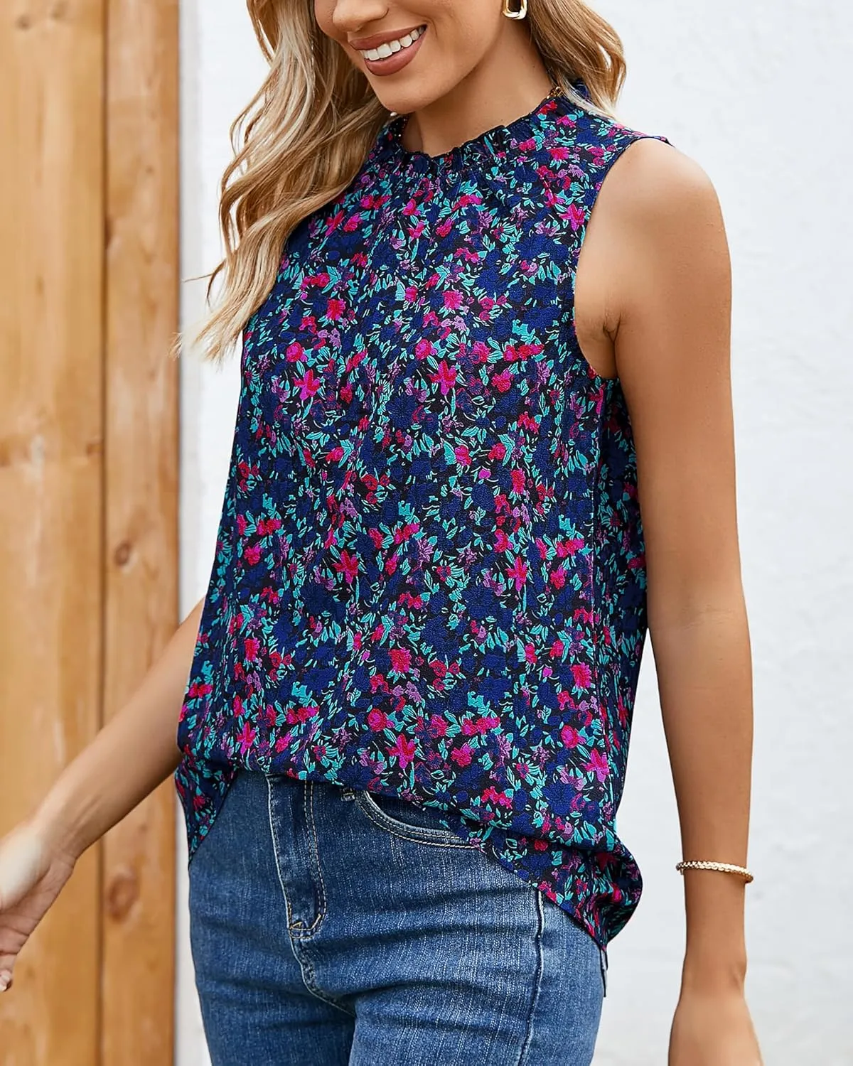 SimpleFun Womens Tank Tops Ruffle High Neck Pleated Summer Blouses Floral Sleeveless Shirt