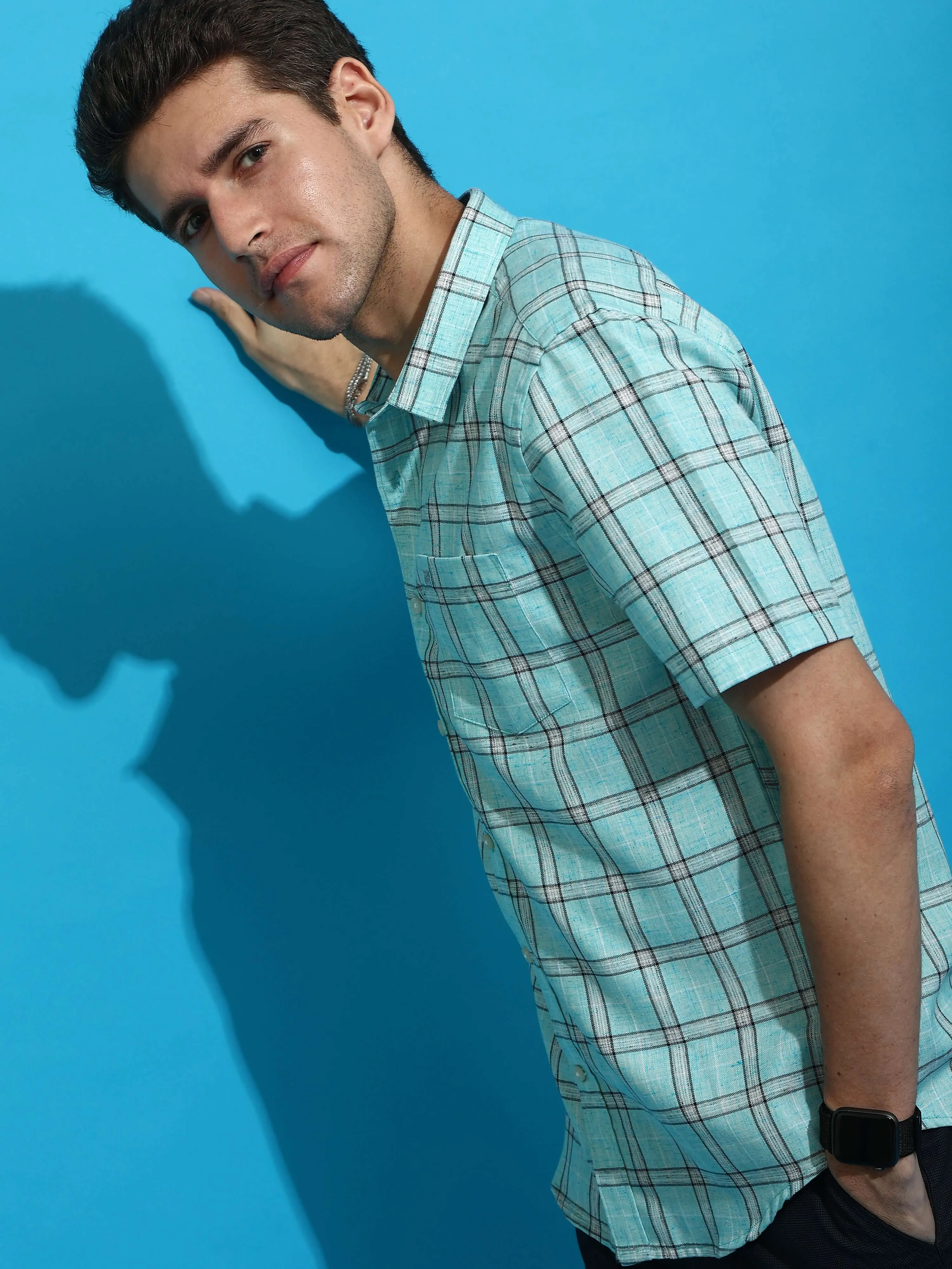 Sky blue casual check half sleeves shirt