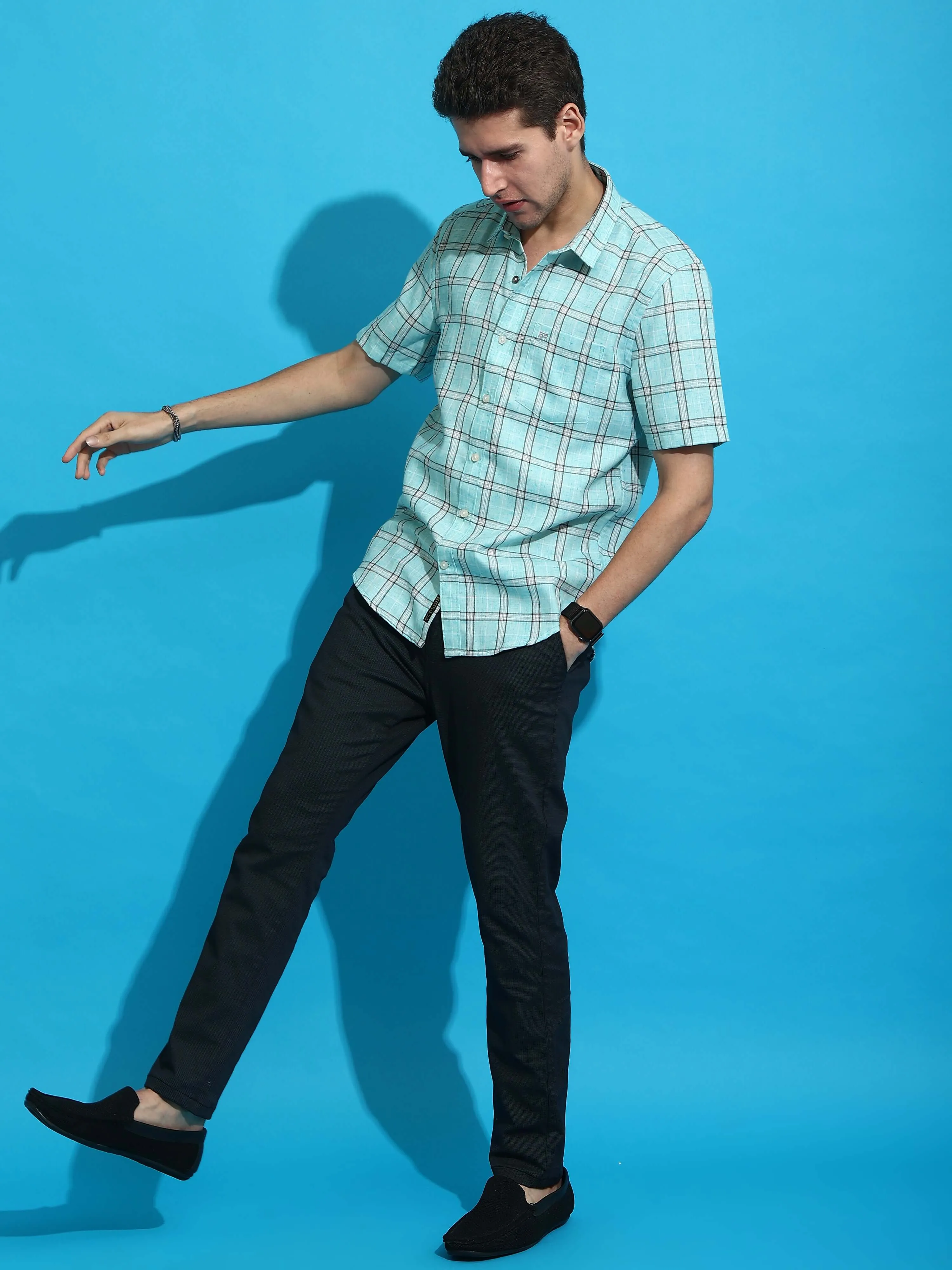 Sky blue casual check half sleeves shirt