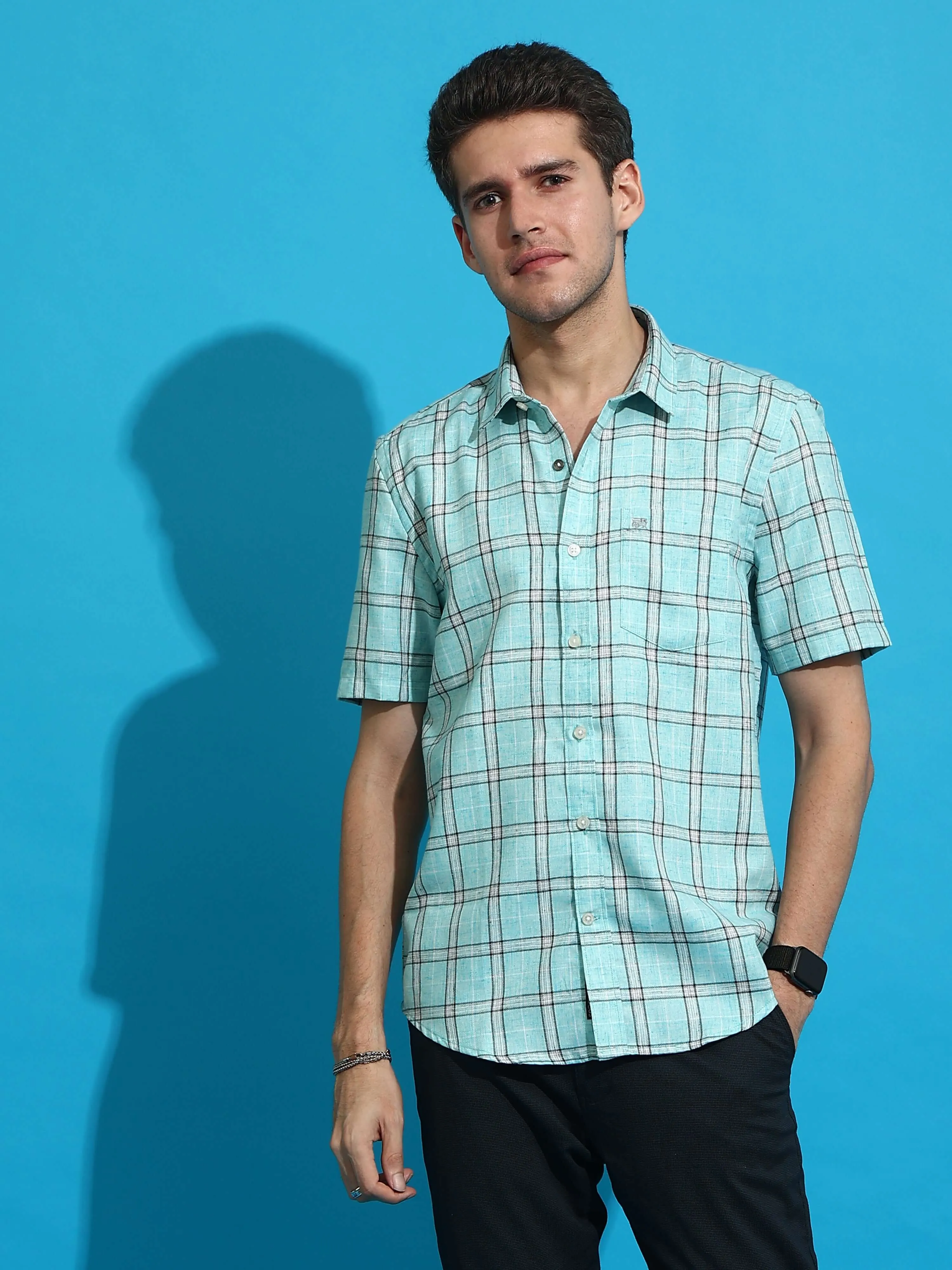 Sky blue casual check half sleeves shirt