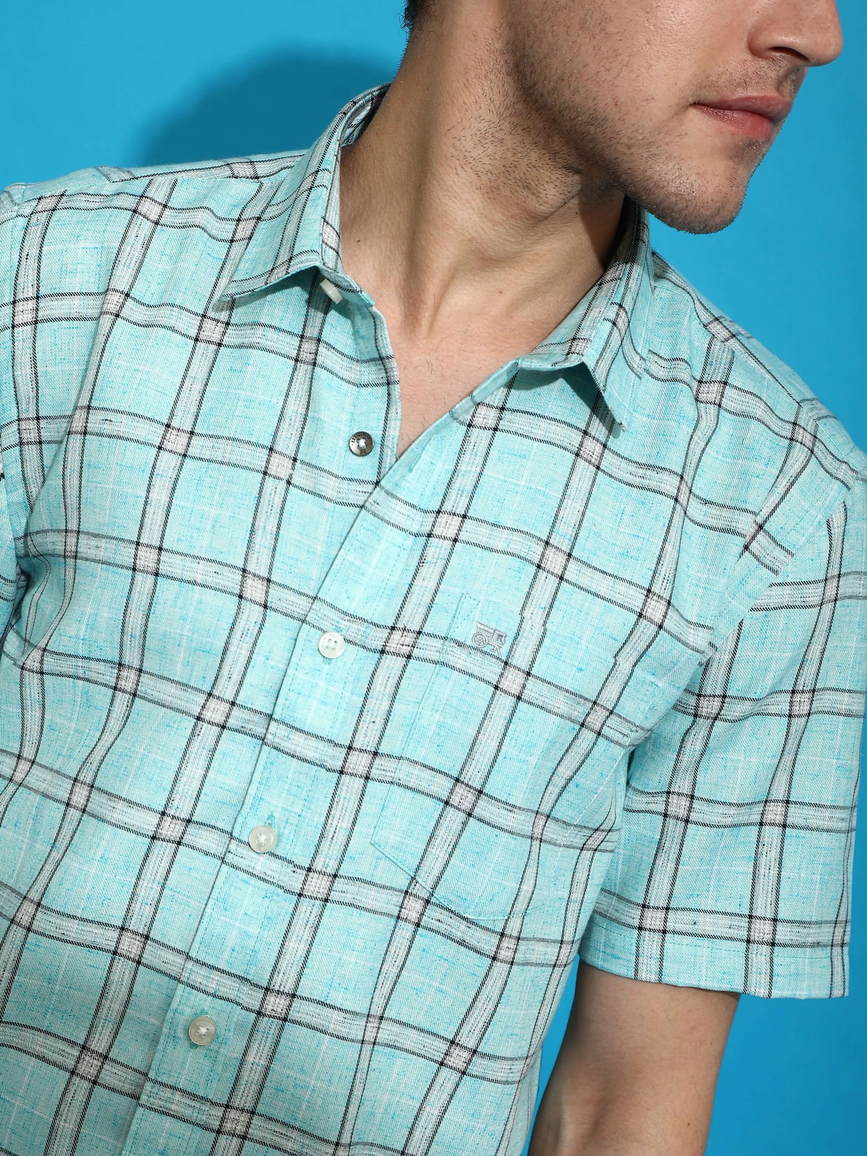 Sky blue casual check half sleeves shirt
