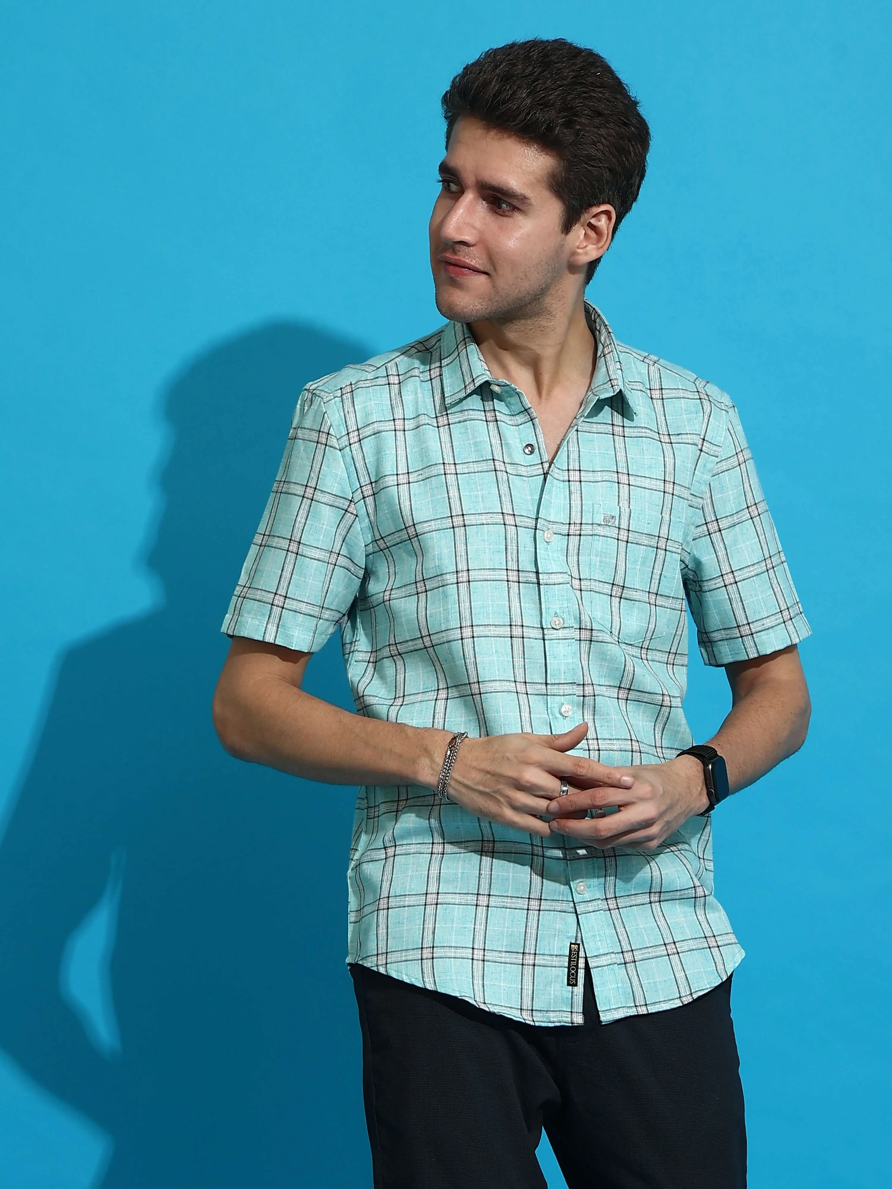 Sky blue casual check half sleeves shirt