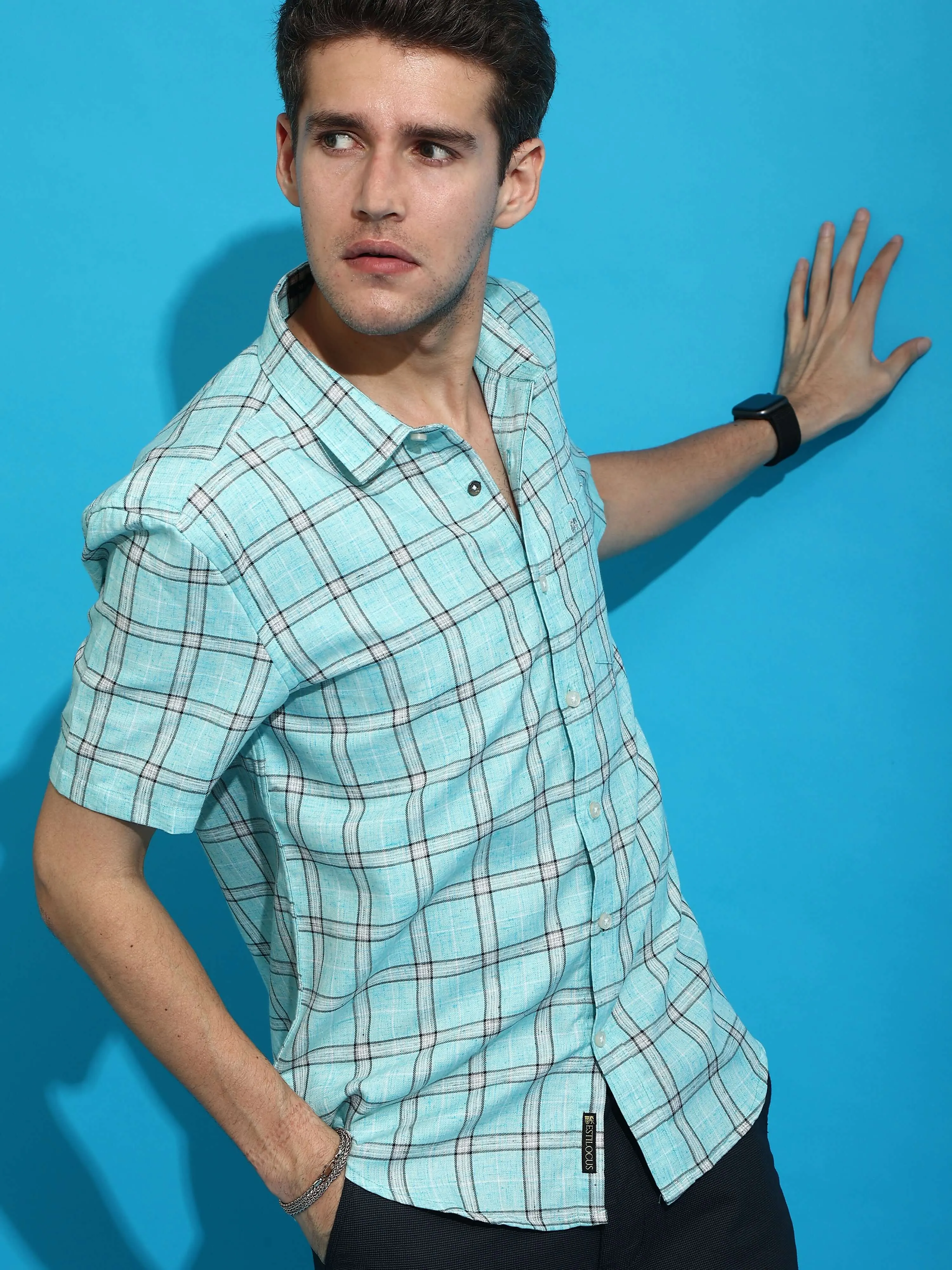 Sky blue casual check half sleeves shirt