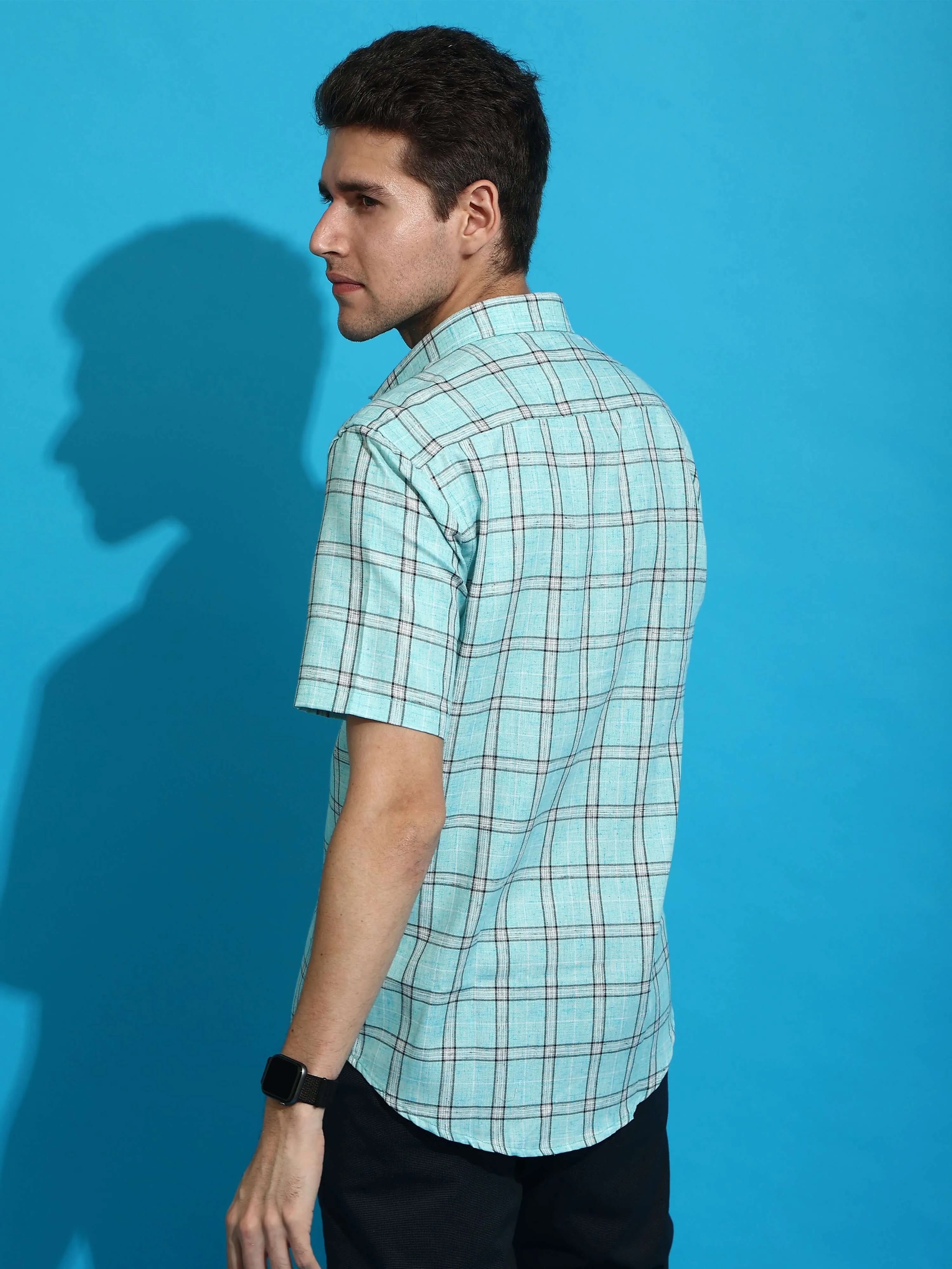 Sky blue casual check half sleeves shirt
