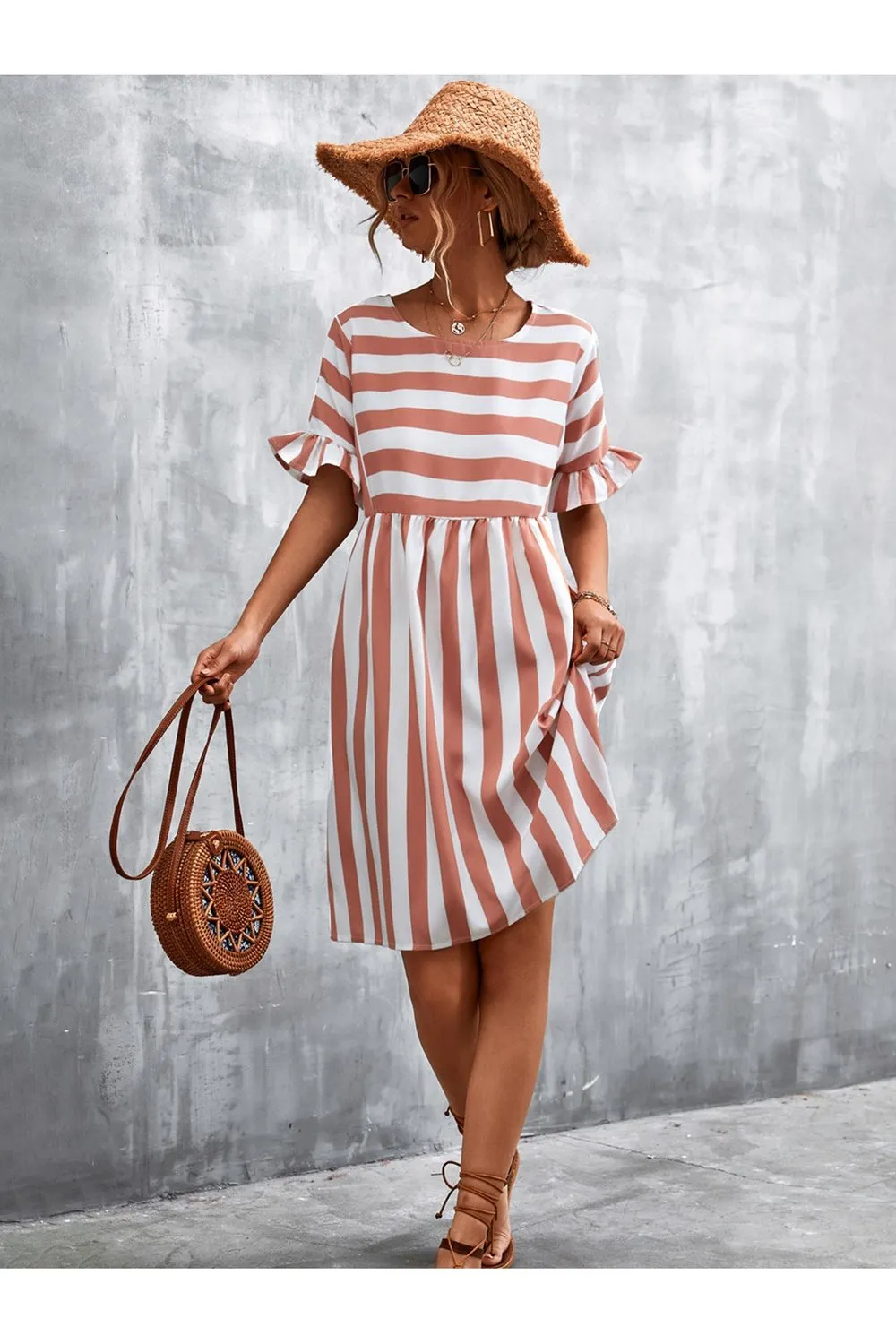 Striped Flounce Sleeve Dress