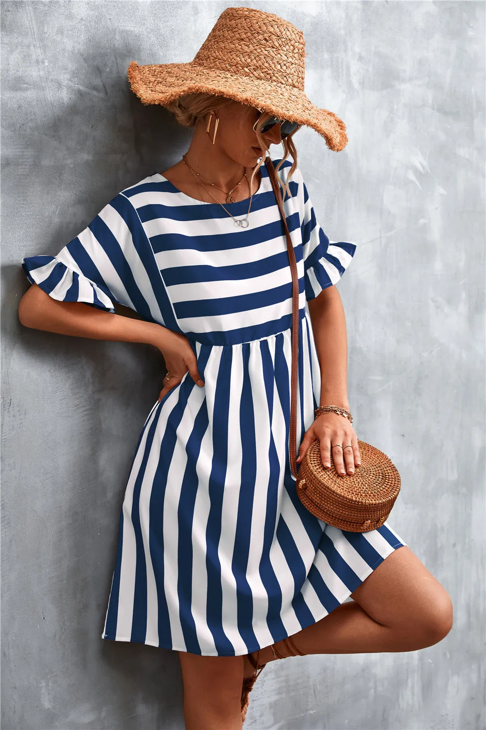 Striped Flounce Sleeve Dress