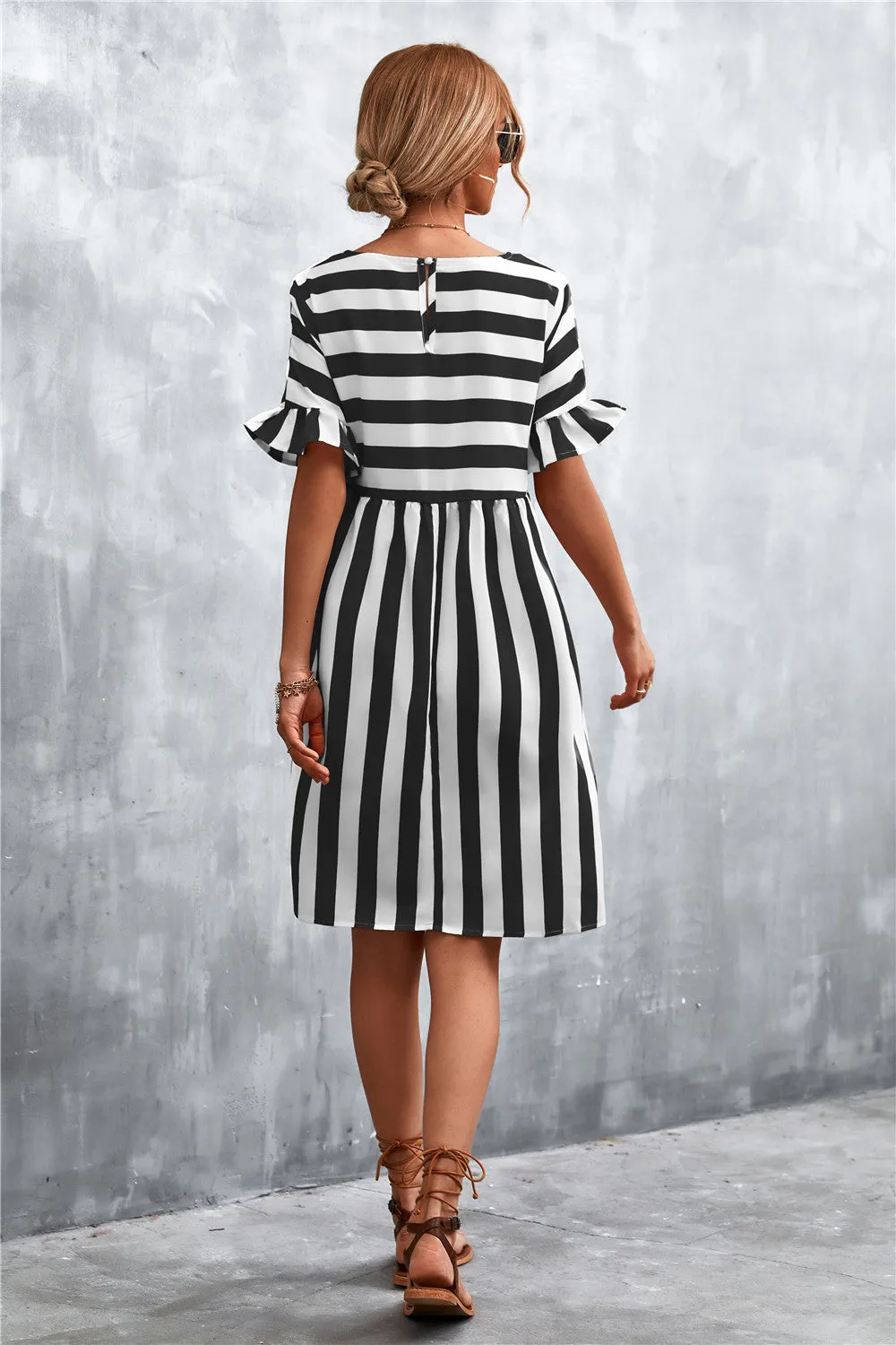 Striped Flounce Sleeve Dress