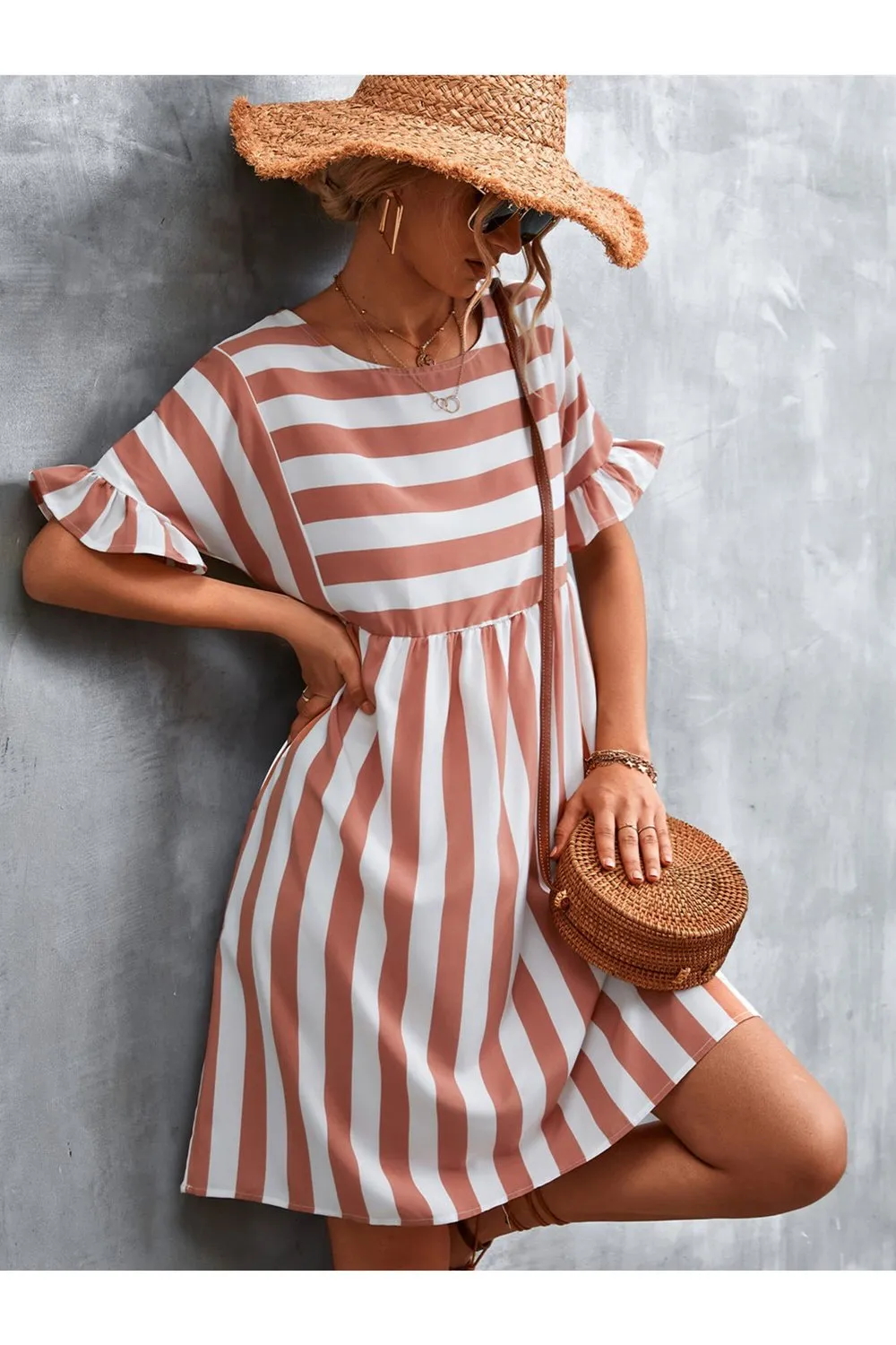 Striped Flounce Sleeve Dress