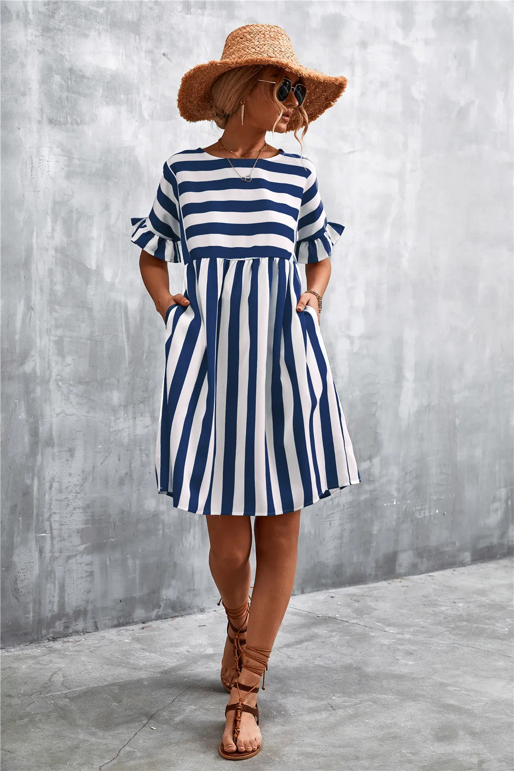 Striped Flounce Sleeve Dress