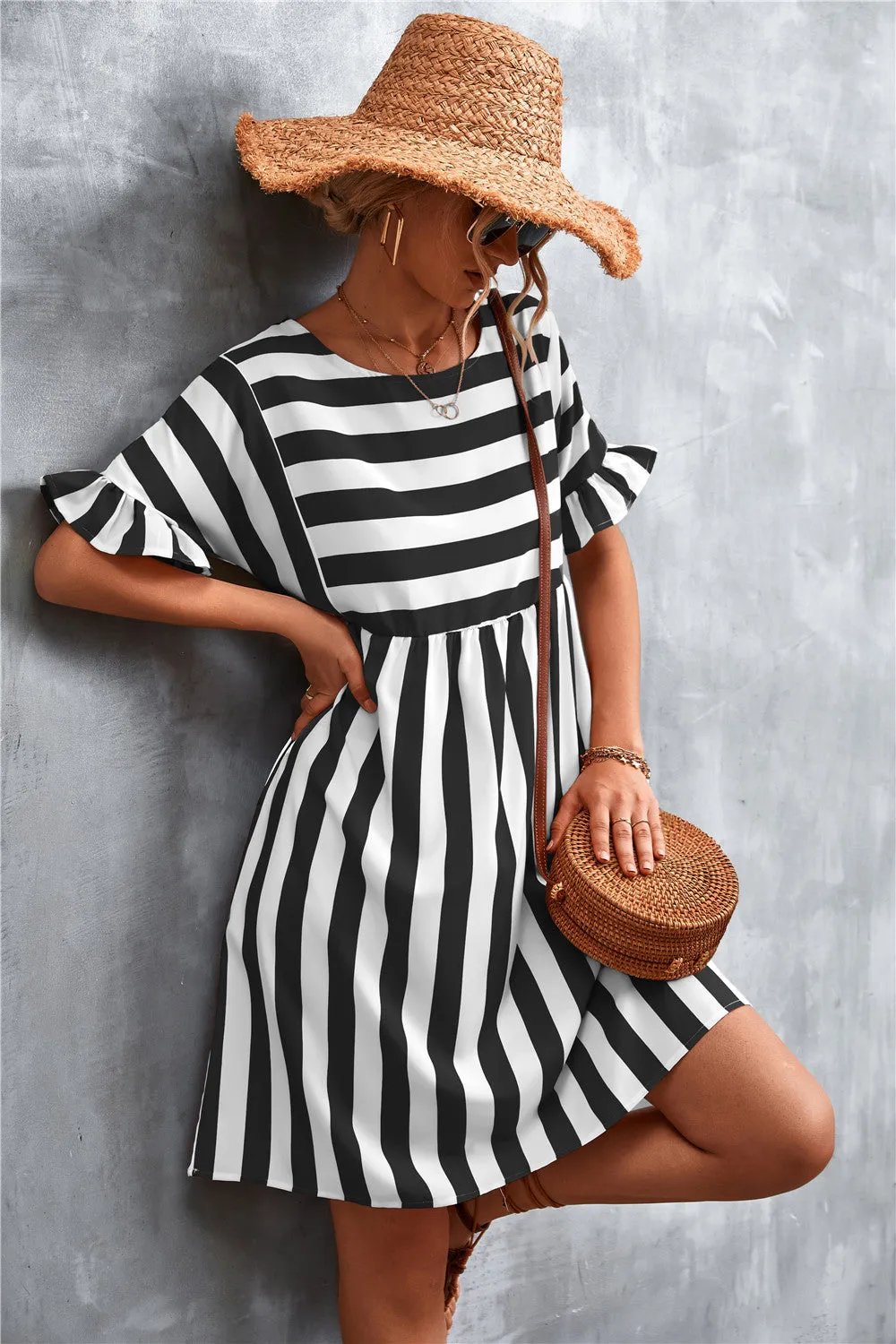 Striped Flounce Sleeve Dress