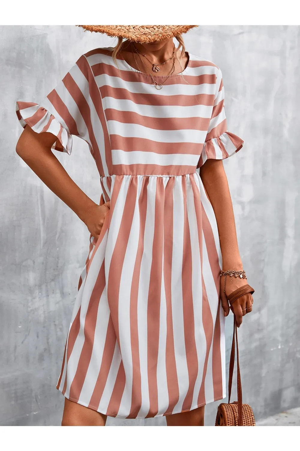 Striped Flounce Sleeve Dress
